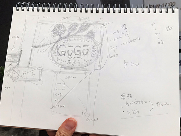 野菜のシルエットがあしらわれた袖看板のスケッチ